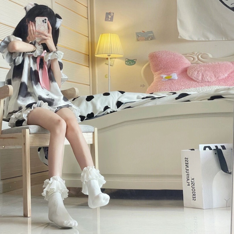 [Có sẵn] Set Áo Quần Ngủ Hoạ Tiết Bò Sữa Đen Trắng Xinh Xắn