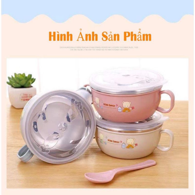 Bát ăn dặm, bát ăn giữ nhiệt, chống nóng 2 lớp có quai cầm, ruột inox kèm thìa cho bé