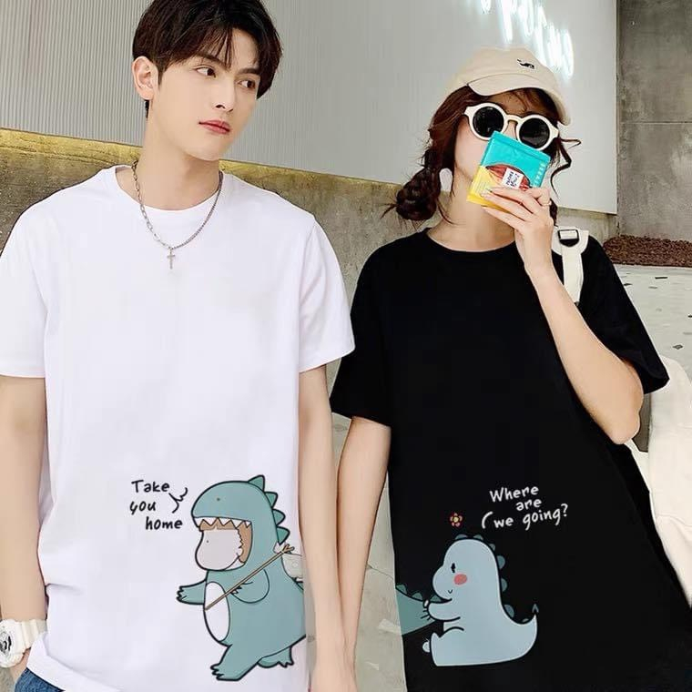 Áo đôi nam nữ, áo cặp mặc với người yêu in hình khủng long chất cotton thoáng mát