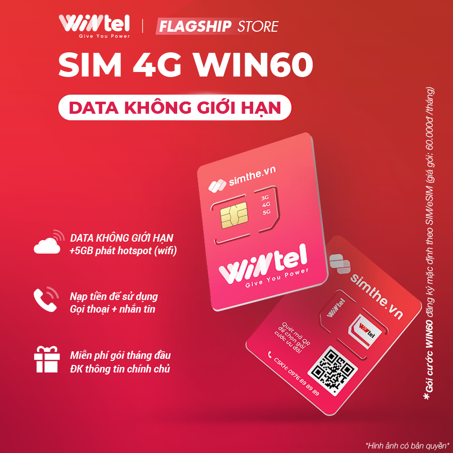 Sim WINTEL WIN60 - Max Data 4G Tốc Độ Cao Không Giới Hạn. Dùng Sóng VinaPhone Trên Toàn Quốc - Siêu Rẻ Chỉ Với 60K/Tháng
