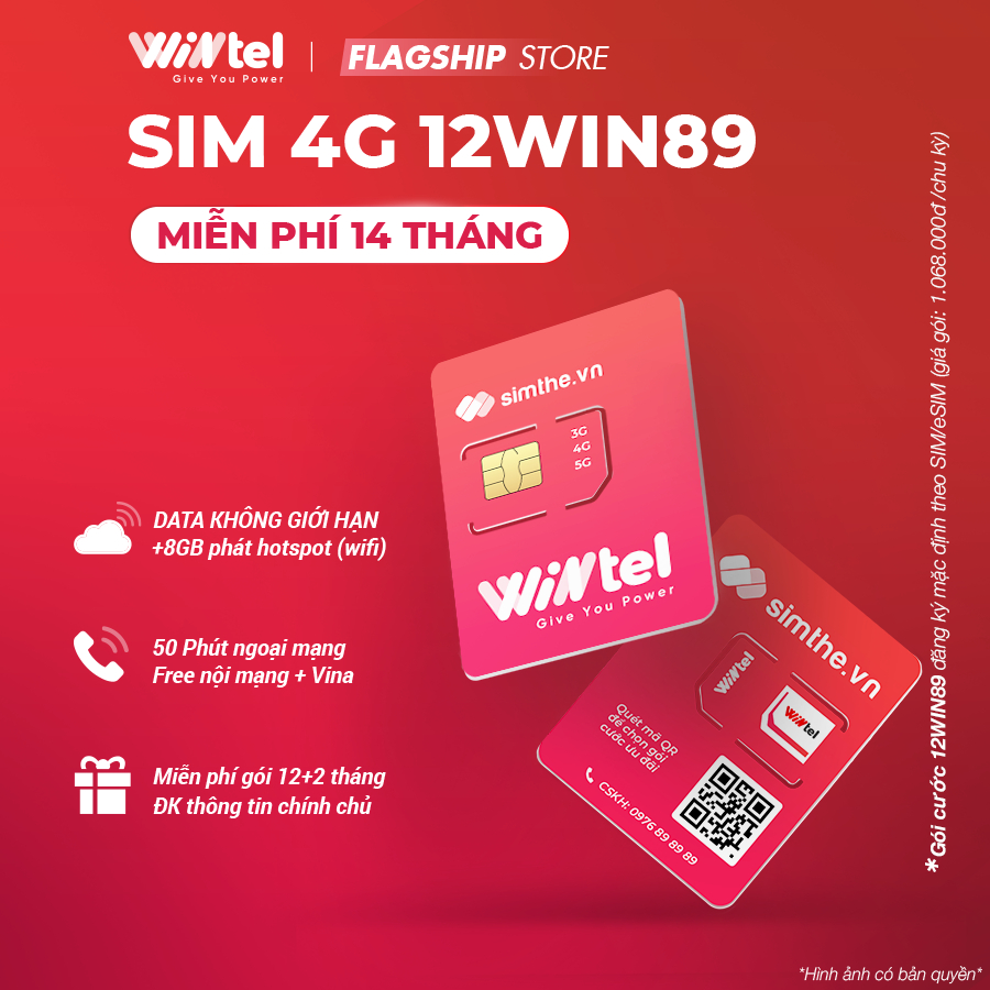 Sim WINTEL 12WIN89 Data 4G Tốc Độ Cao Không Giới Hạn. Có 50P Ngoại Mạng, 1 Tỷ Phút Nội Mạng + VinaPhone. Miễn Phí 1 Năm