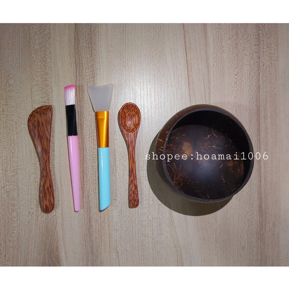 Bộ trộn mặt nạ CHÉN GÁO DỪA MINI, muỗng gỗ dừa, cọ quét mặt nạ cán hồng, cọ silicon, que quét mask