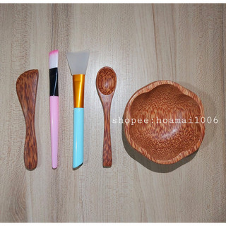 Bộ trộn mặt nạ chén gỗ dừa HOA MAI, cọ quét mặt nạ cán hồng, cọ silicon, que quét kem, muỗng gỗ dừa