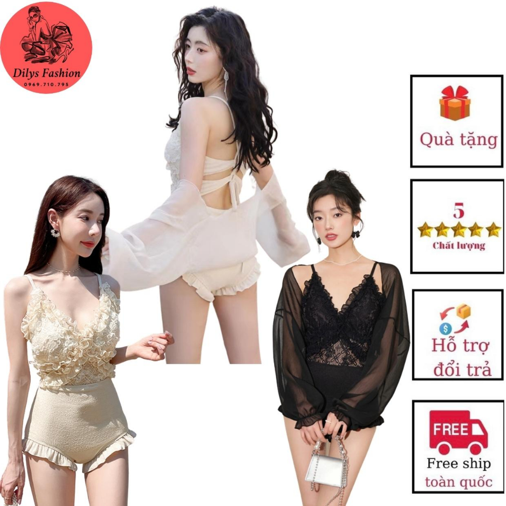 Bikini liền thân đi biển kèm áo choàng DILYSFASHION BK986825, Đồ bơi nữ 1 mảnh bèo ngực phong cách hàn quốc trẻ trung