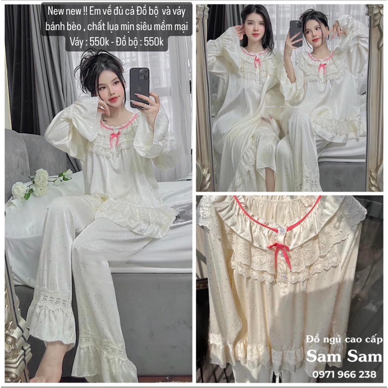 Đồ Bộ Mặc Nhà Pijama Nữ Bánh Bèo Cộc và Dài Tay Cao Cấp - Đồ Ngủ Lụa Quảng Châu