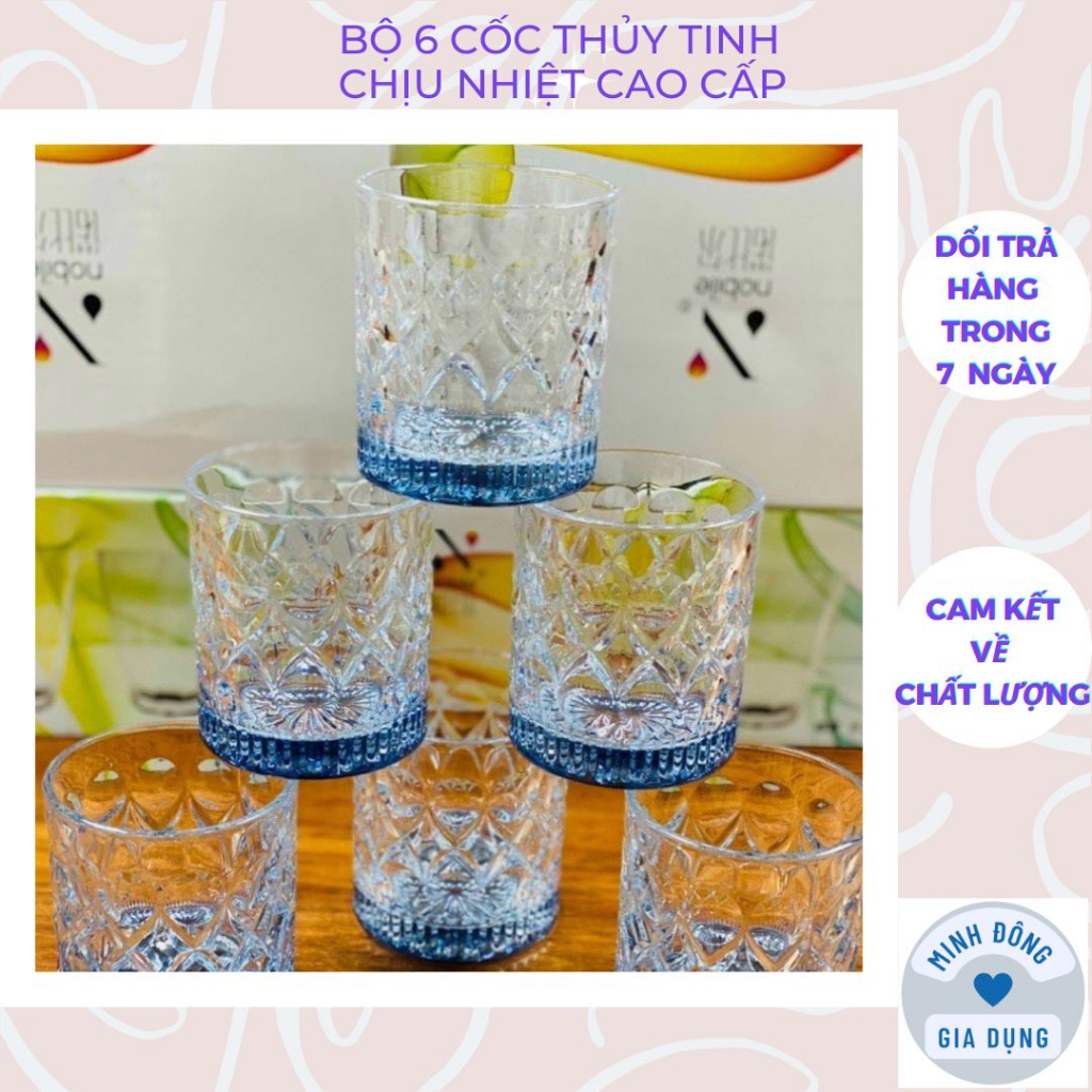 Bộ 6 cốc thủy tinh 5412XO hiện đai cao cấp nhiều mẫu, Bộ 6 Ly thủy tinh vân sóng xanh chịu nhiệt kèm hộp