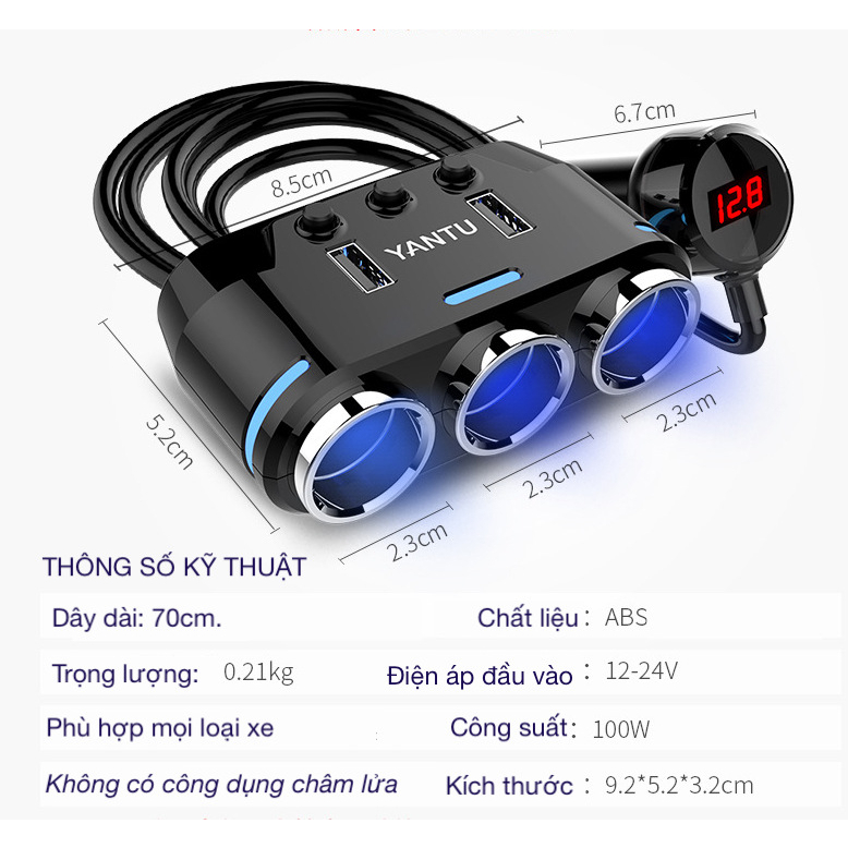Bộ tẩu chia sạc ô tô bảo hành 12 tháng, có công tắc linh hoạt,3 cổng tẩu 2 cổng usb sạc nhanh QC3.0, 3.1A-12V