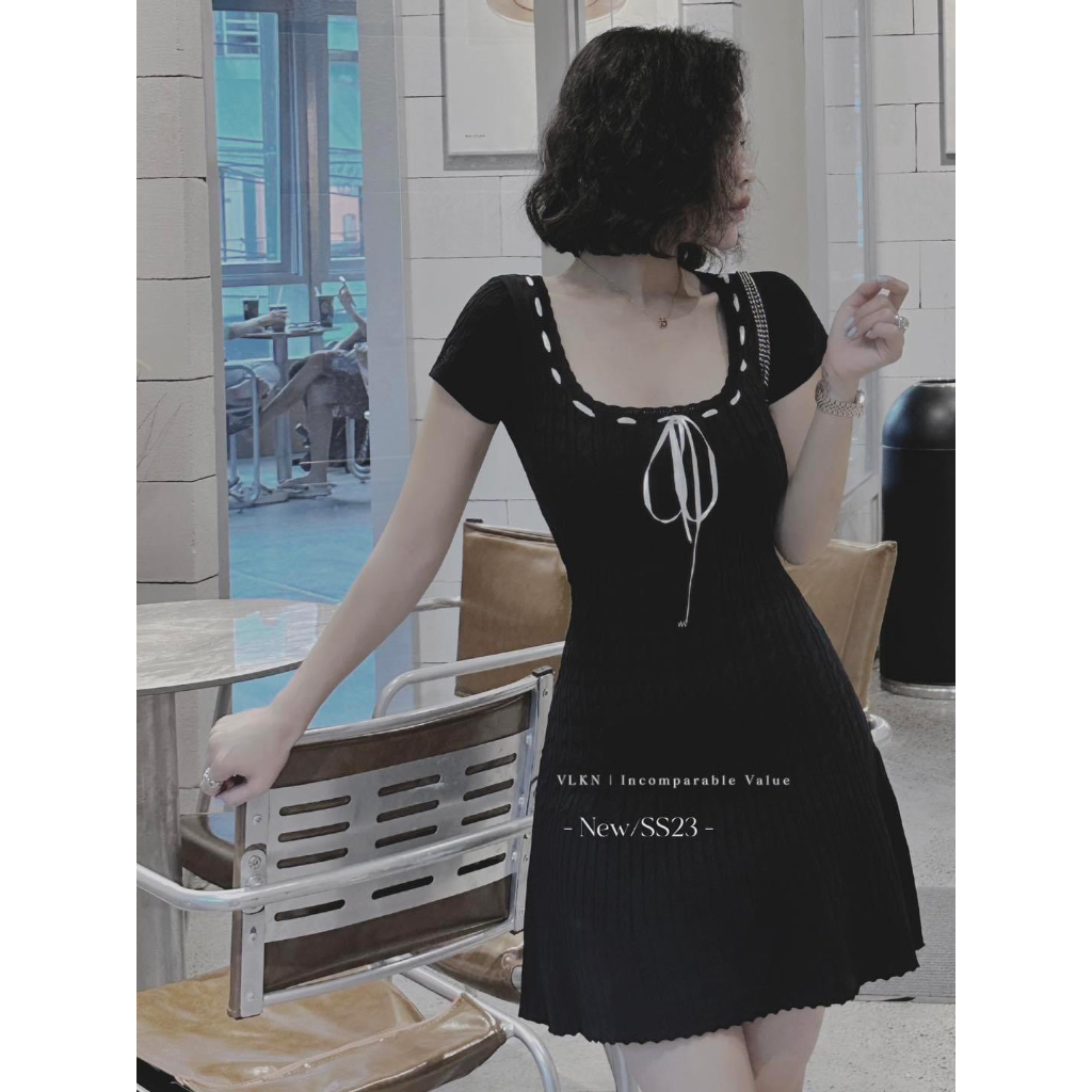 Đầm len dây viền nơ tiểu thư