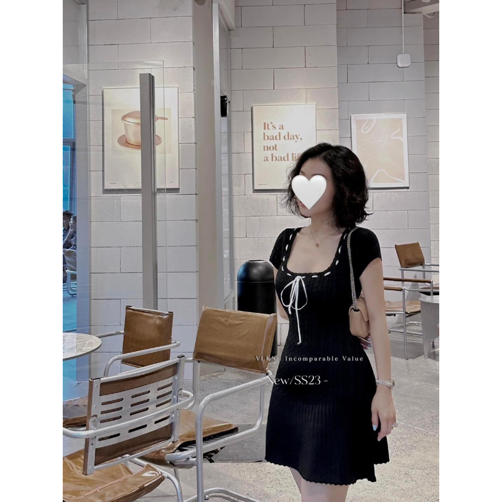 Đầm len dây viền nơ tiểu thư