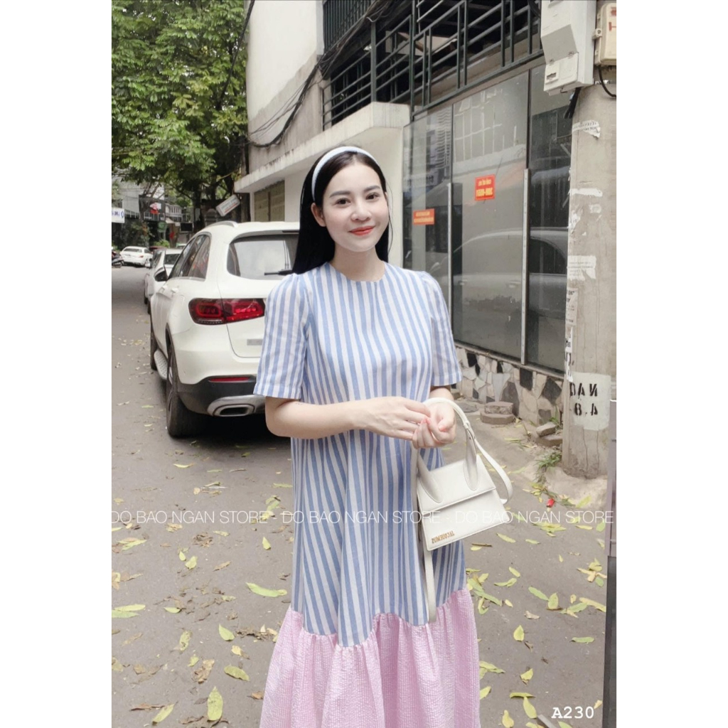 Váy Babydoll Suông Kẻ Xanh Dương Phối Xốp Hồng Dáng Dài Đầm Kẻ Maxi Dáng Thụng Rộng Ngắn tay Freesize