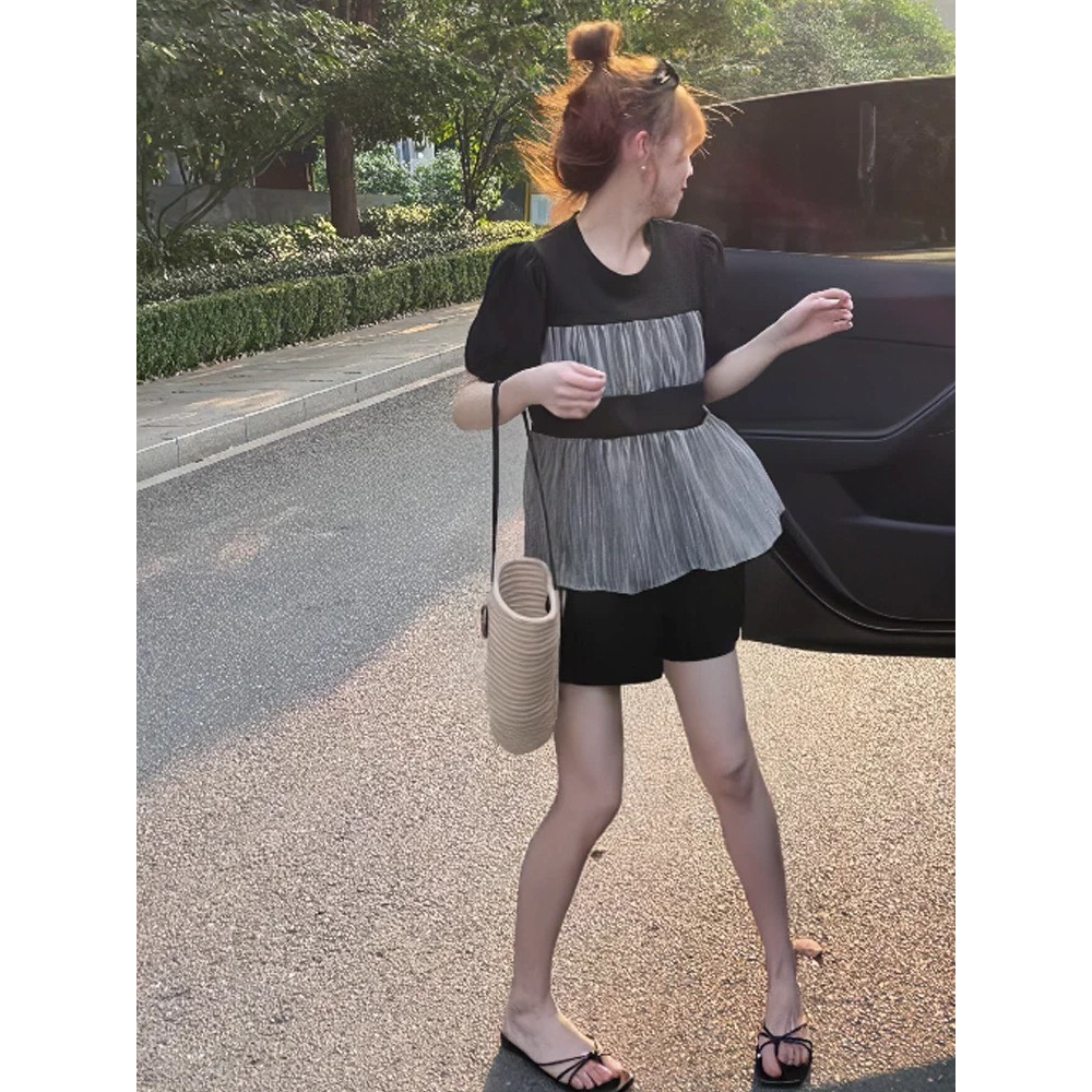 Set Bộ Đồ Nữ Áo Babydoll Phối Tơ Ngắn Tay Mix Quần Sooc Đùi Ống Rộng Freesize