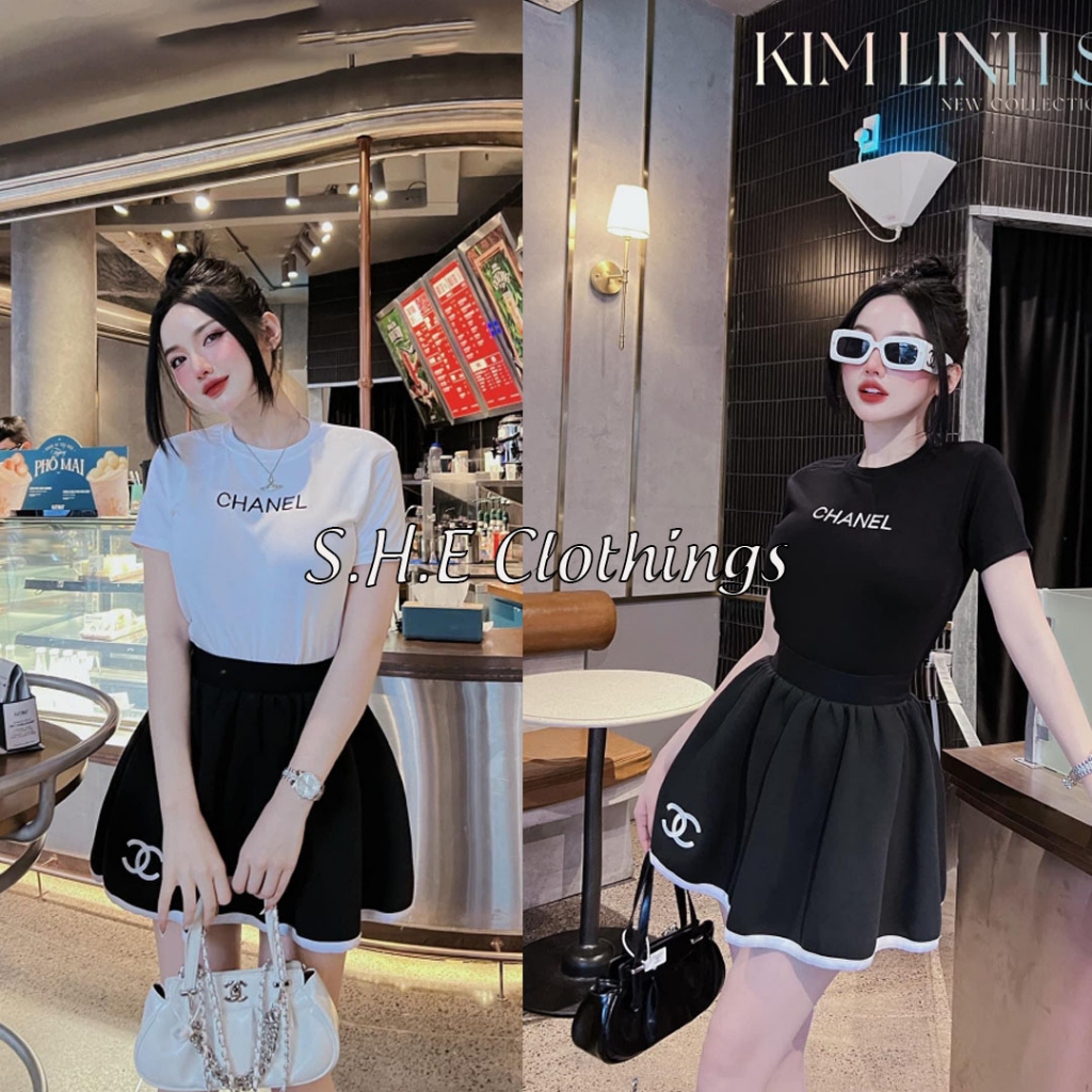 Set Bộ Đồ Nữ Áo Len Tăm Ôm Body Thêu Chaneo Mix Chân Váy Tuyết Mưa Phối Gấu Freesize S215