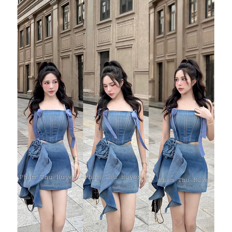 Set denim phối hoa đính vạt (hàng sẵn chuẩn 𝐀𝐒𝐇𝐘𝐋𝐄𝐘)