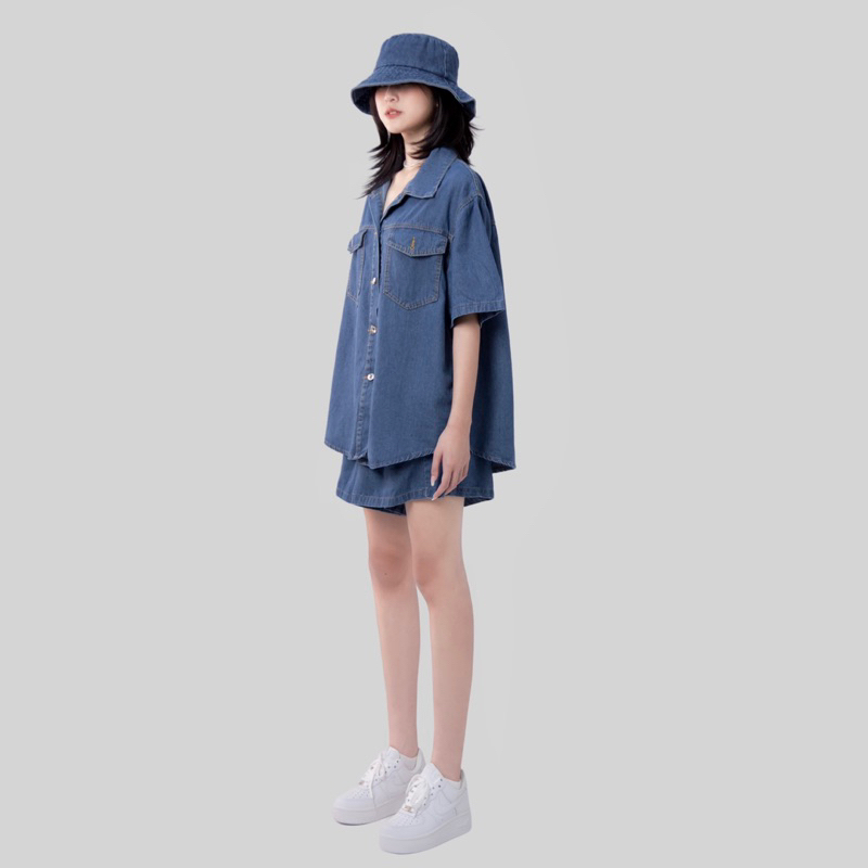 Áo sơ mi bò kèm quần chất jeans mềm Navy SET