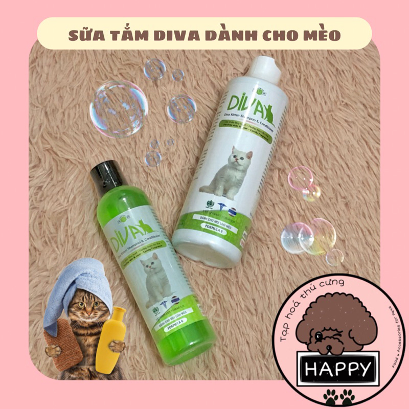 Sữa tắm Diva xanh lá mượt lông dành cho mèo 260ml và 400ml / Diva Kitten Shampoo & Conditioner - Tạp Hoá Thú Cưng Happy