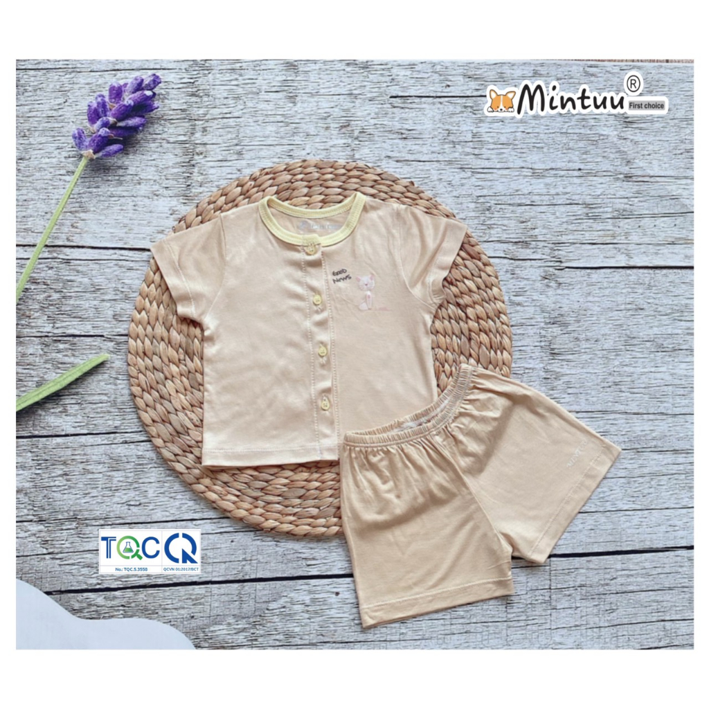 Hot - Bộ quần áo cài giữa tay ngắn in hình sơ sinh cho bé  thương hiệu Mintuu First Choice, chất liệu vải sợi tre