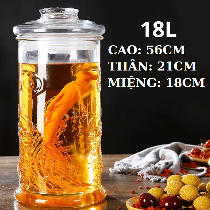 Bình Ngâm Rượu Thủy Tinh Hoa Văn Rồng 18 Lít có van & không van