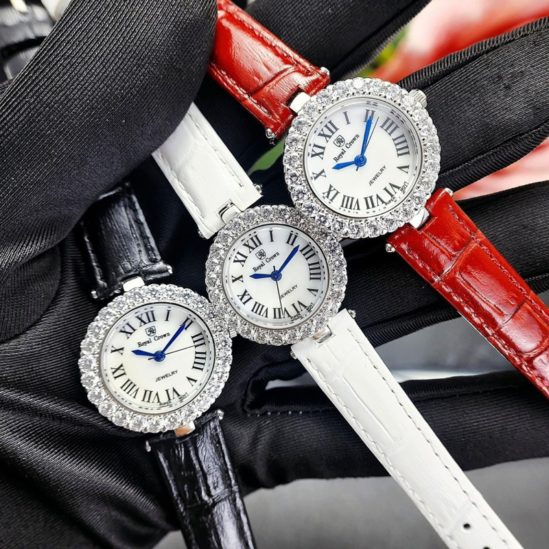 Đồng hồ nữ Royal Crown 6305 mặt tròn đính đá dây da chính hãng