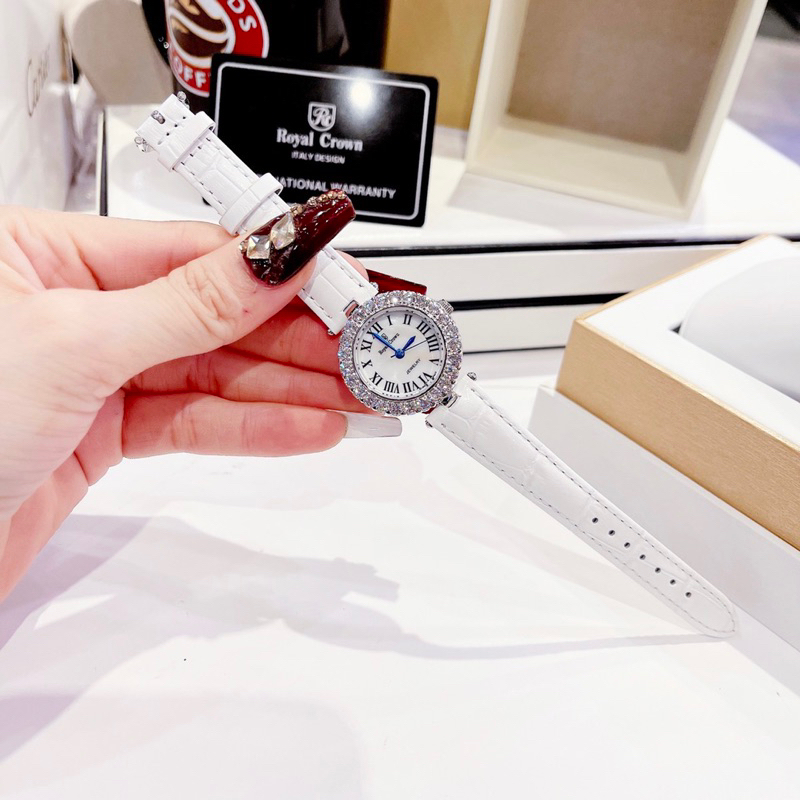 Đồng hồ nữ Royal Crown 6305 mặt tròn đính đá dây da chính hãng