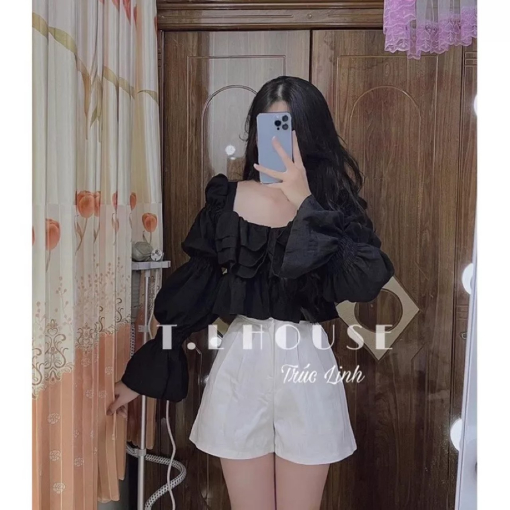 Áo croptop dài tay bo khúc vải xốp tiểu thư sang mã AS82