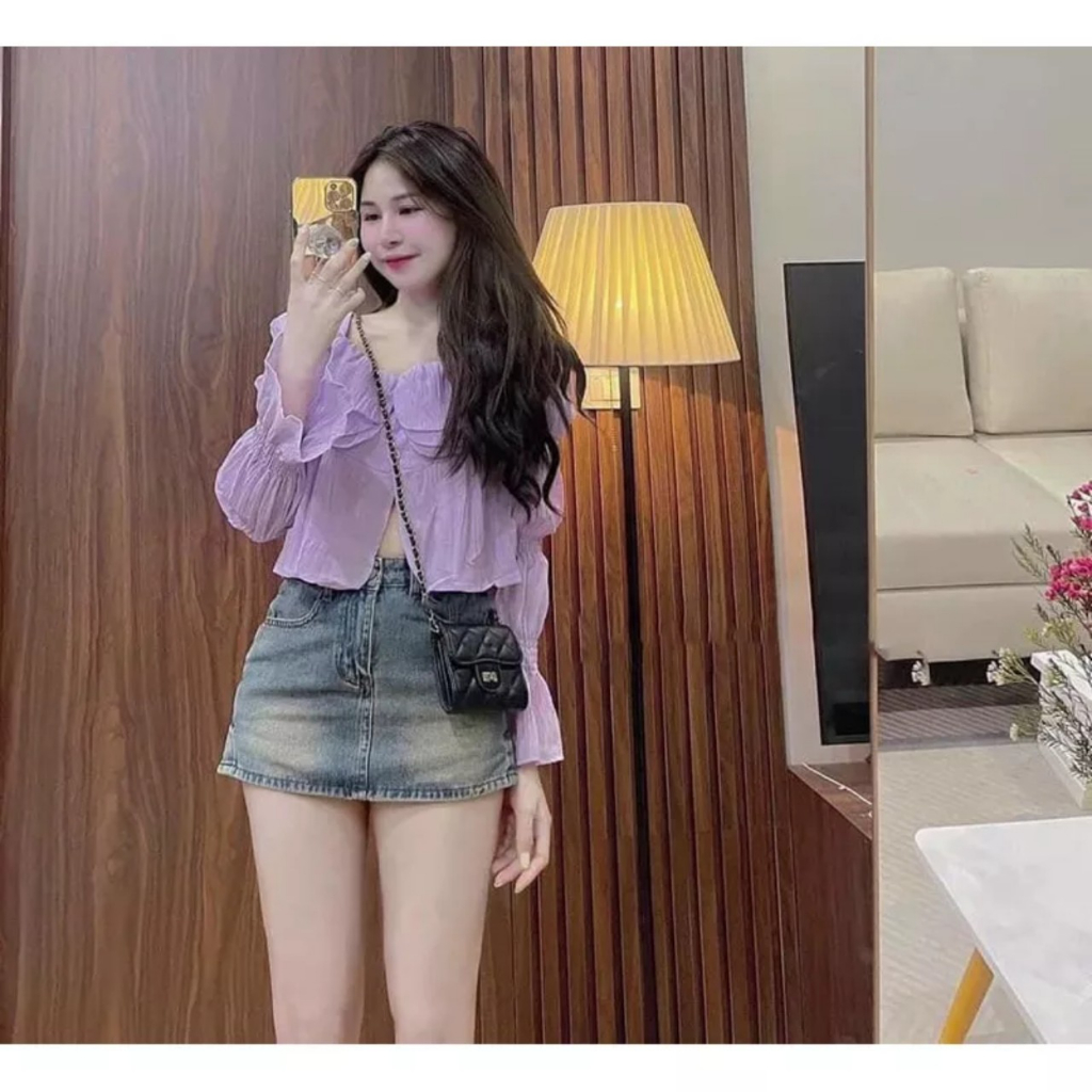 Áo croptop dài tay bo khúc vải xốp tiểu thư sang mã AS82