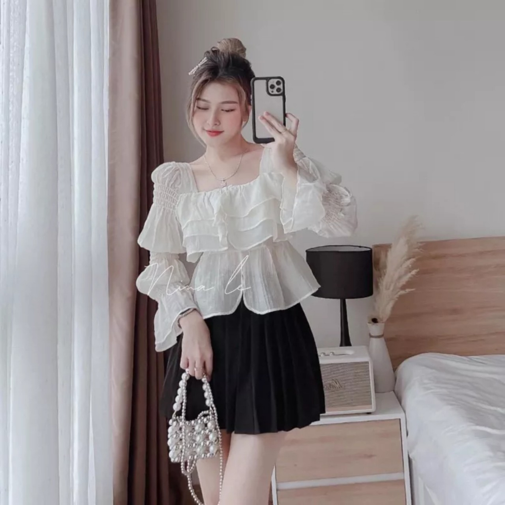 Áo croptop dài tay bo khúc vải xốp tiểu thư sang mã AS82