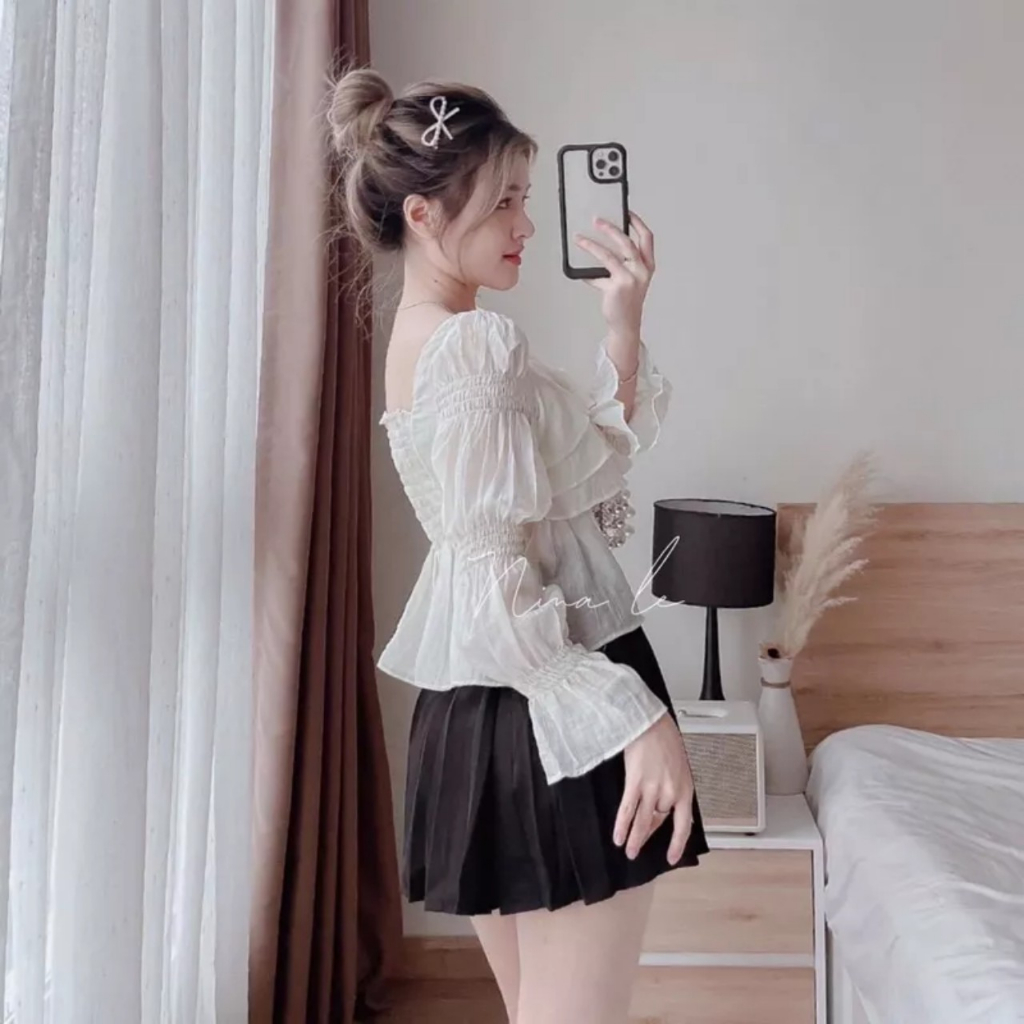 Áo croptop dài tay bo khúc vải xốp tiểu thư sang mã AS82