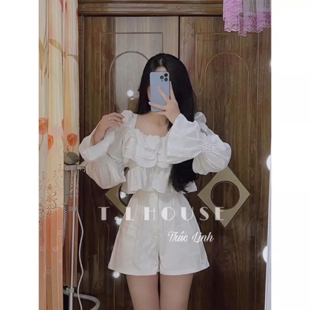 Áo croptop dài tay bo khúc vải xốp tiểu thư sang mã AS82