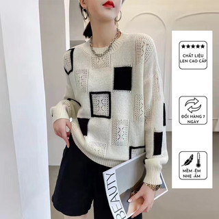 Áo len nữ dệt kim tay dài from rộng kiểu dáng hàn quốc, Chất len mềm không bị xù lông hoạ tiết hình ô vuông đẹp