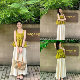 Set áo dây xanh peplum kèm quần giả chân váy cao cấp