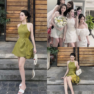 Váy Cổ Yếm Vải Lụa Tắm Sịn, Khóa Lưng Ôm Dáng, Hàng 2 Lớp Có Quần Trong Cùng Màu