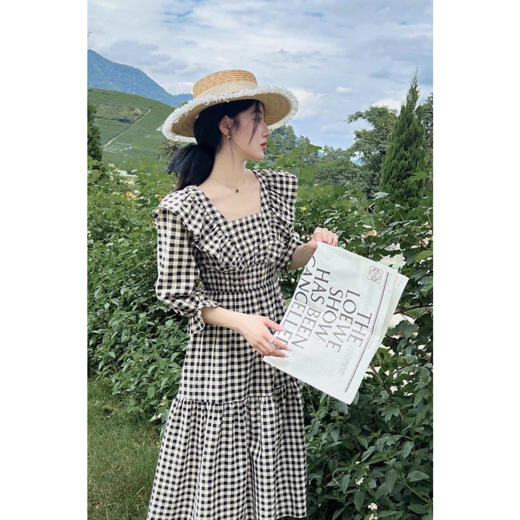 ĐẦM SỌC CARO THIẾT KẾ FORM DÁNG TAY LỠ- Hình shop chụp thật