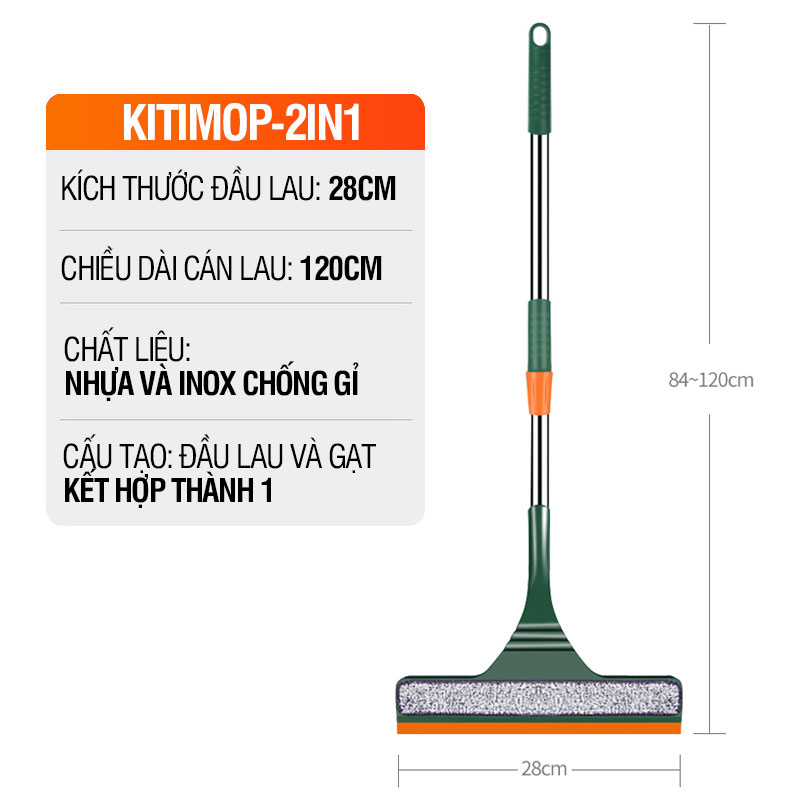 Cây lau kính thông minh Kitimop-2in1 chổi lau kính, gạt chùi kính đa năng 2 trong 1, cán tăng giảm chiều dài 85-120cm