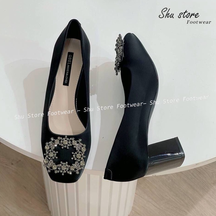 Shu Store | Giày búp bê gót vuông cao 7 phân khóa hoa đá vuông thời trang dành cho nữ