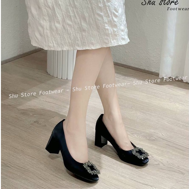 Shu Store | Giày búp bê gót vuông cao 7 phân khóa hoa đá vuông thời trang dành cho nữ