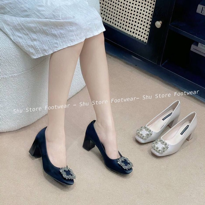 Shu Store | Giày búp bê gót vuông cao 7 phân khóa hoa đá vuông thời trang dành cho nữ