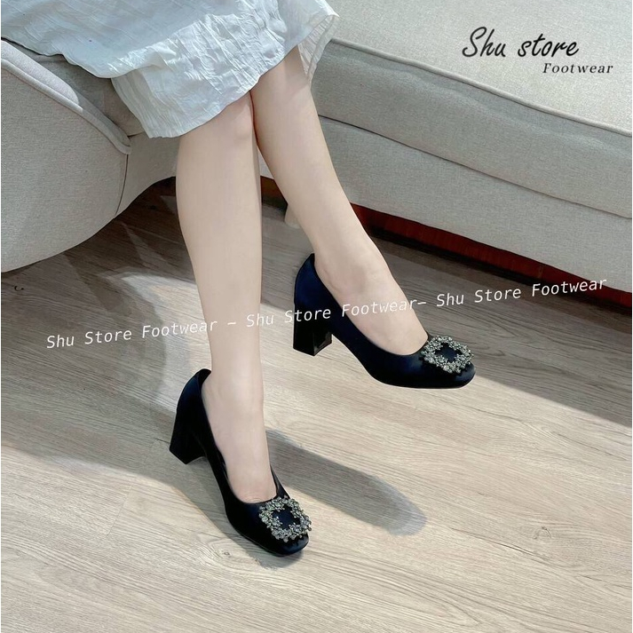 Shu Store | Giày búp bê gót vuông cao 7 phân khóa hoa đá vuông thời trang dành cho nữ