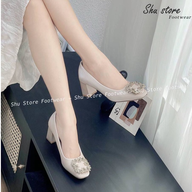 Shu Store | Giày búp bê gót vuông cao 7 phân khóa hoa đá vuông thời trang dành cho nữ