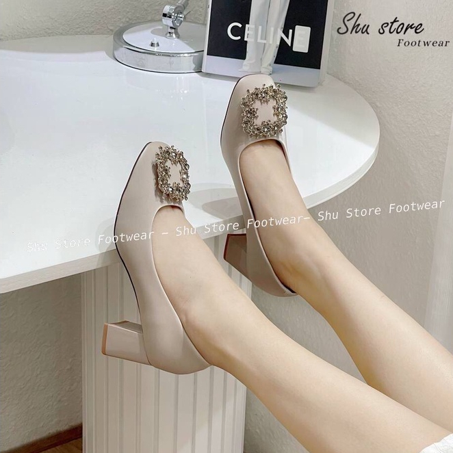 Shu Store | Giày búp bê gót vuông cao 7 phân khóa hoa đá vuông thời trang dành cho nữ