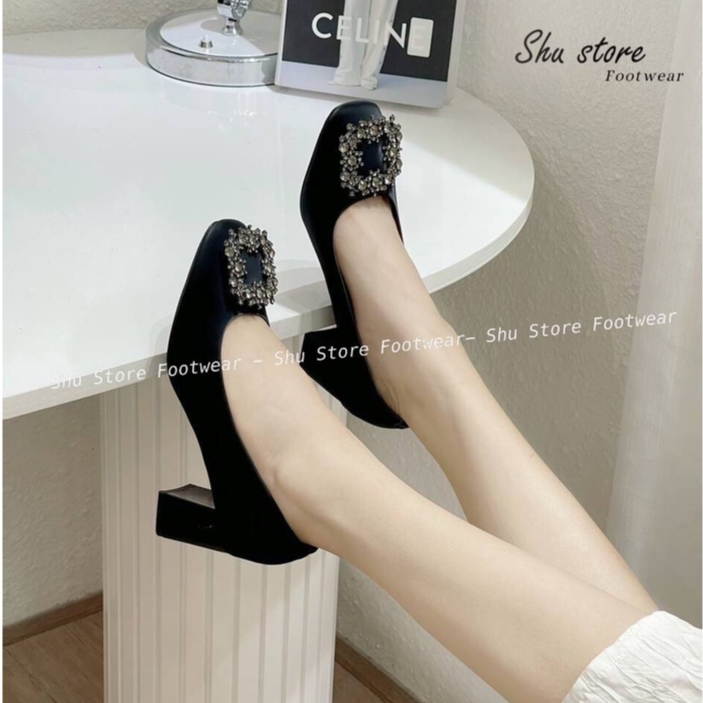 Shu Store | Giày búp bê gót vuông cao 7 phân khóa hoa đá vuông thời trang dành cho nữ