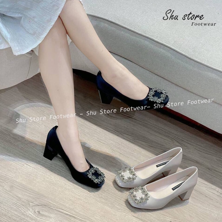 Shu Store | Giày búp bê gót vuông cao 7 phân khóa hoa đá vuông thời trang dành cho nữ