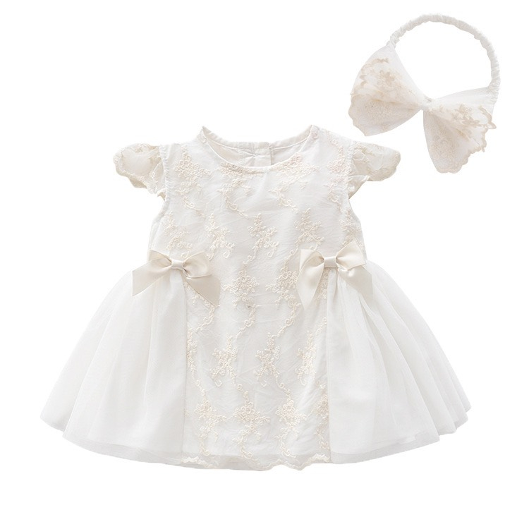 Set body váy trắng xòe 2 nơ dễ thương tặng kèm turban xinh xắn cho bé gái diện tiệc, đầy tháng,thôi nôi