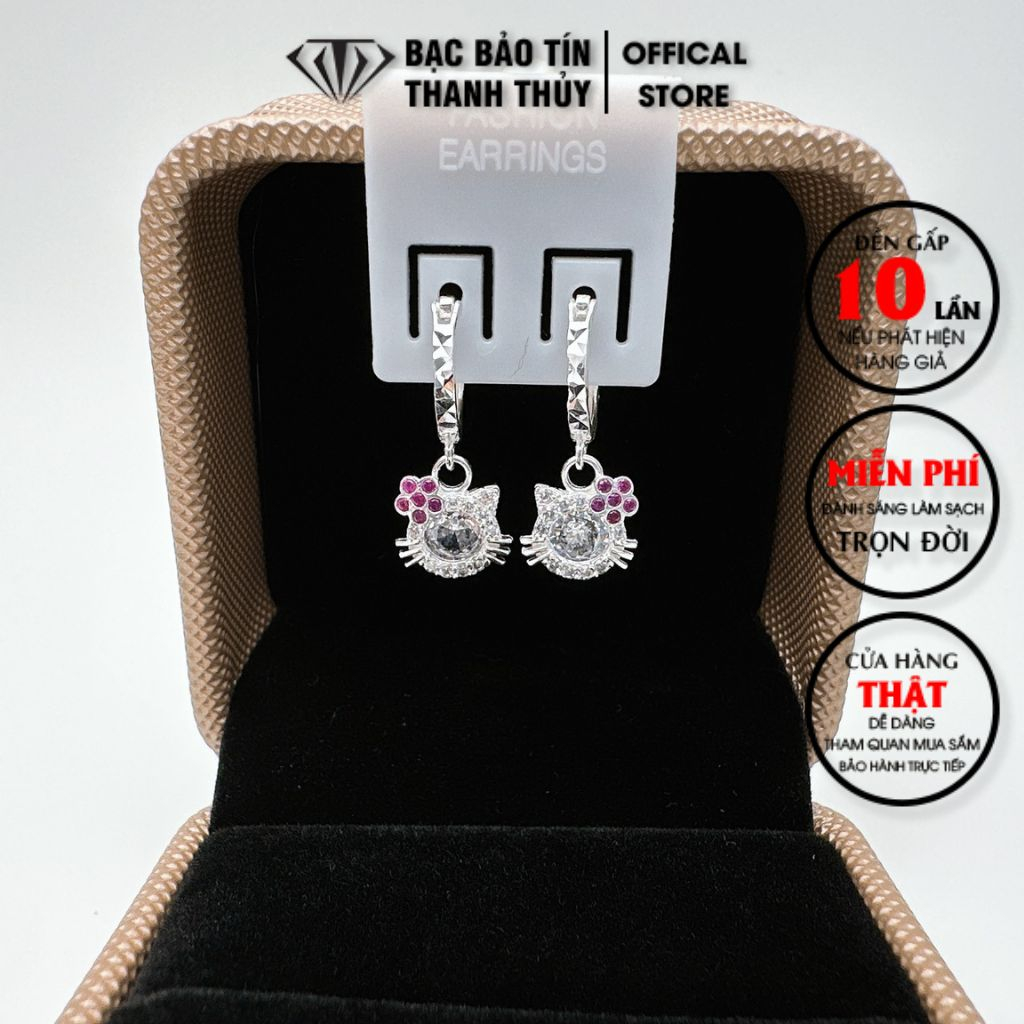 Bông tai bạc cho bé gái Bảo Tín Thanh Thủy, khuyên tai rủ hình kitty gắn đá CZ, chất liệu bạc ta nguyên chất,dài 2.0cm