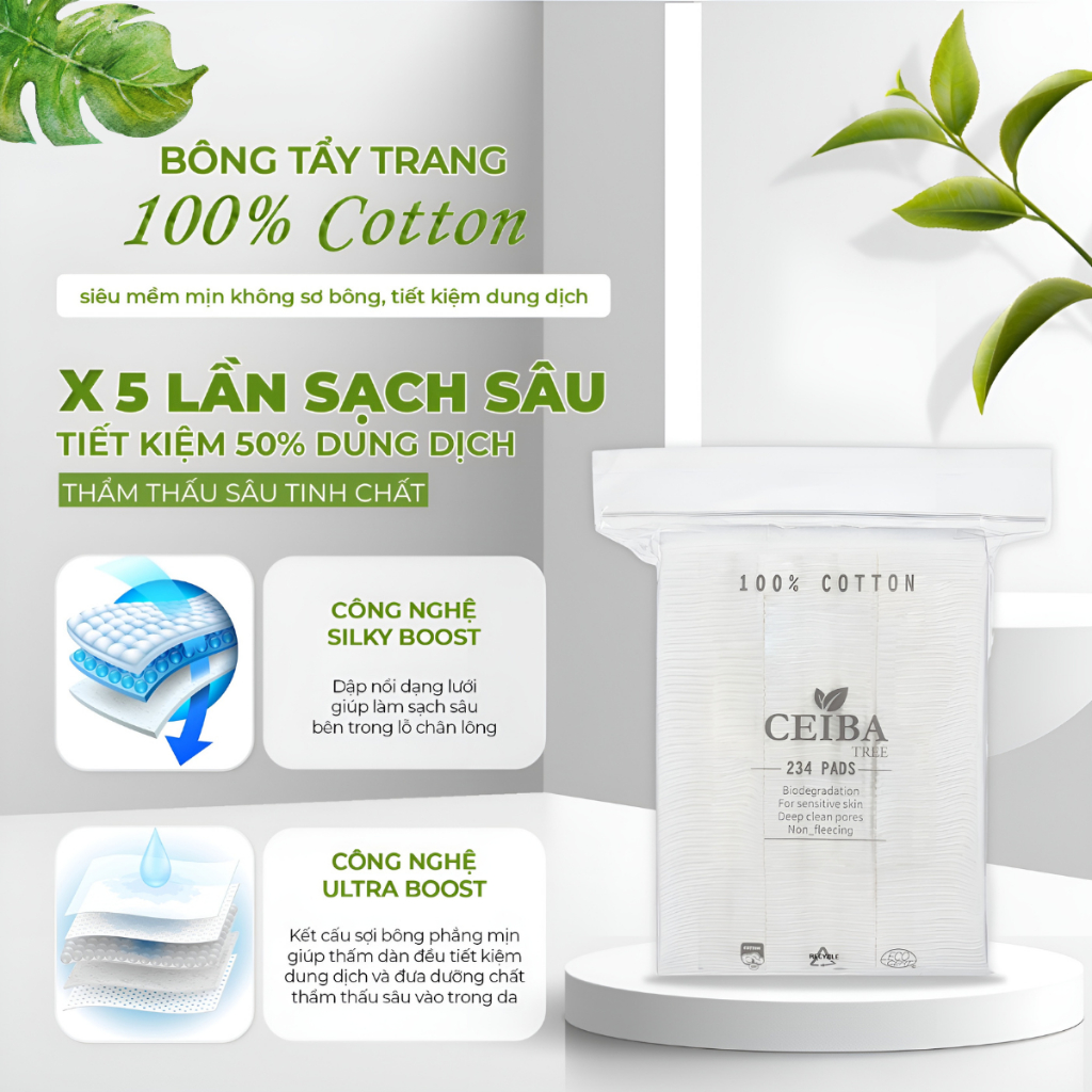Bông Tẩy Trang 222 + 12 Miếng Ceiba Pháp BTT Cotton Pads Sạch Da Organic An Toàn Mềm Mịn Siêu Dày 80/120/140/234 Miếng