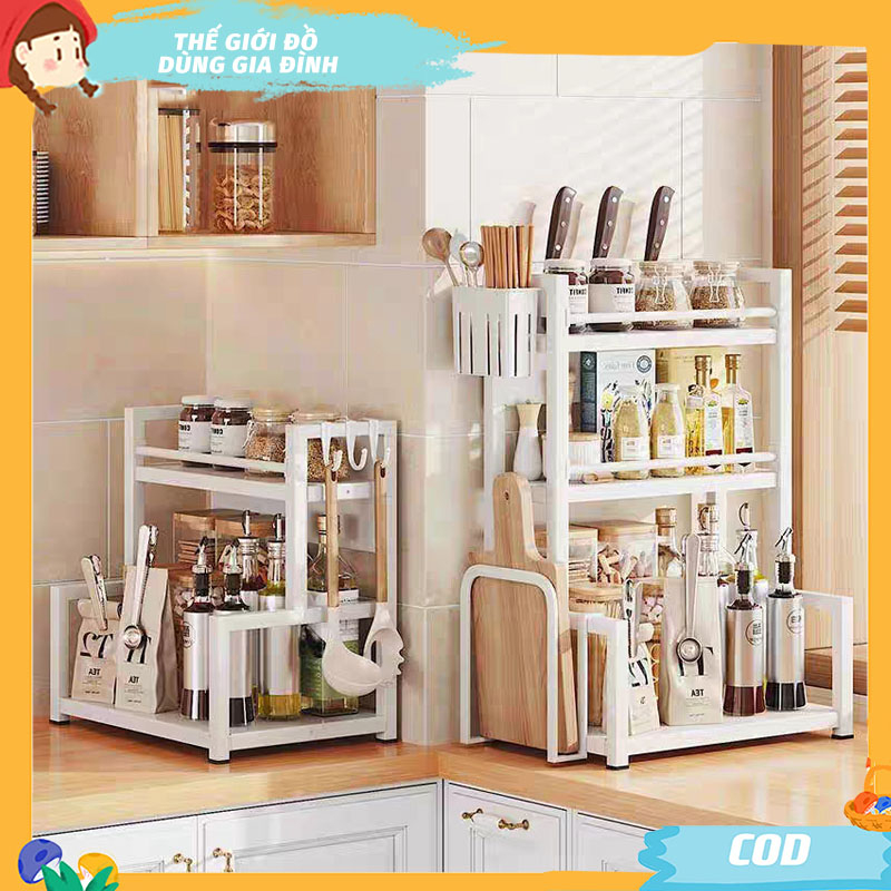 Kệ Gia Vị Để Bàn Nhà Bếp Khung Sắt Sơn Tĩnh Điện Loại 3 Tầng 2 Tầng Để Dao Thớt Ống Đũa Ngăn Nắp