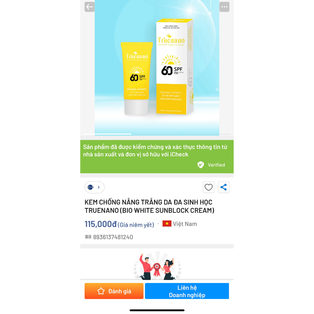 KEM CHỐNG NẮNG TRẮNG DA - TRUENANO BIO WHITE SUNBLOCK CREAM  tuýp 50ml