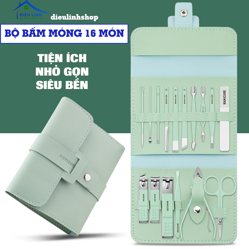 Bộ cắt móng tay 16 món, dụng cụ kềm bấm nhặt da nặn mụn dũa nhíp làm đẹp siêu bền dieulinhshop