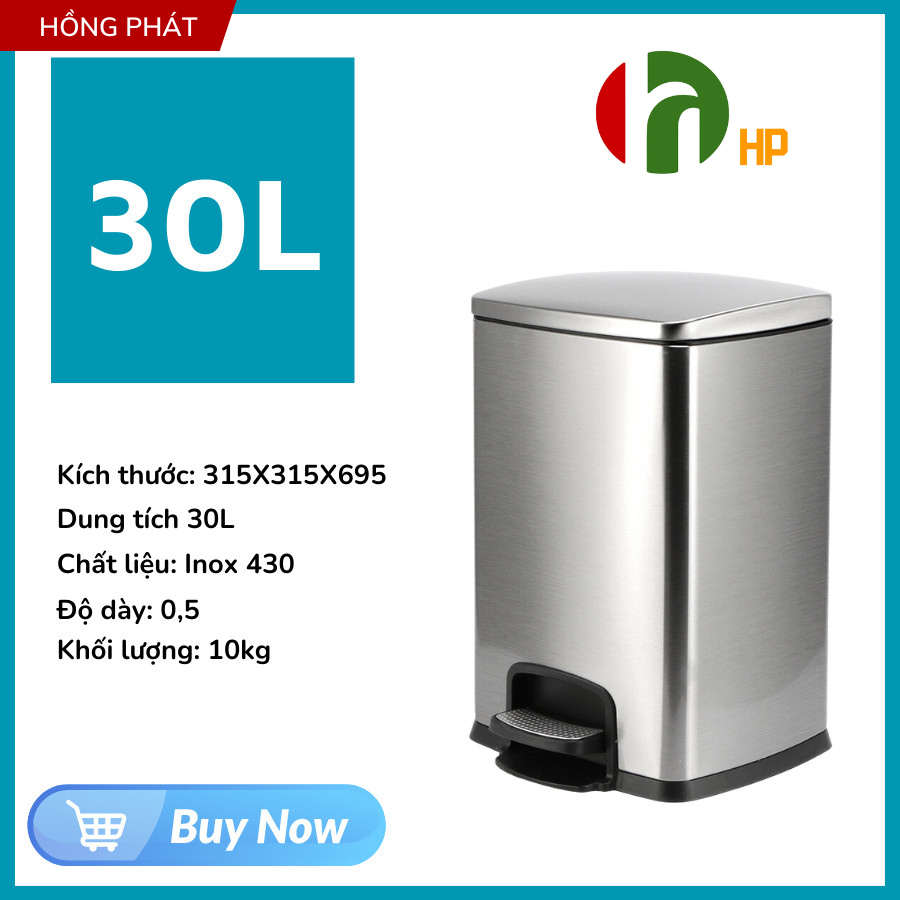 Thùng Rác CÓ Bàn Đạp Hình Chữ Nhật 20L/30L Có Nắp Đóng Êm, Thép Không Gỉ