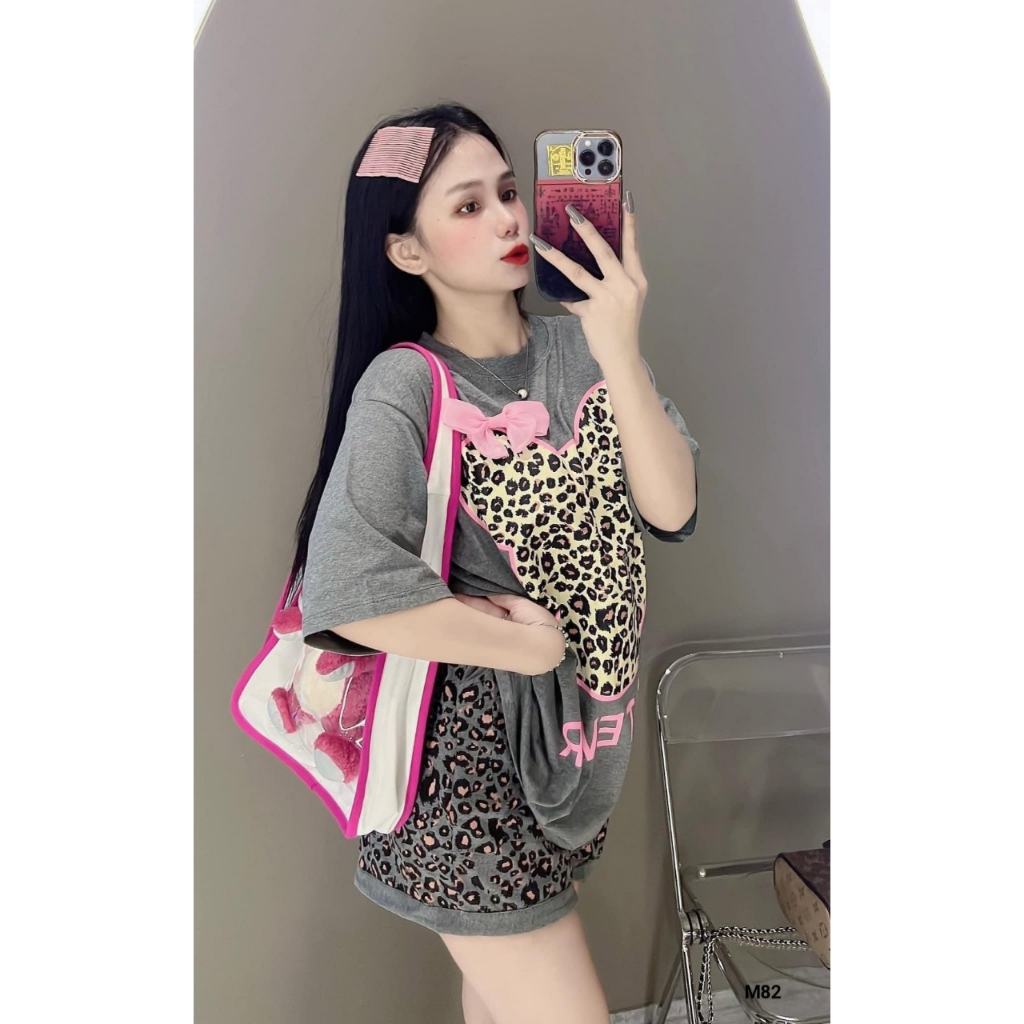 Set đồ nữ đi chơi, set bộ đùi nữ ống rộng kèm áo thun form rộng cổ tròn da beo đính nơ