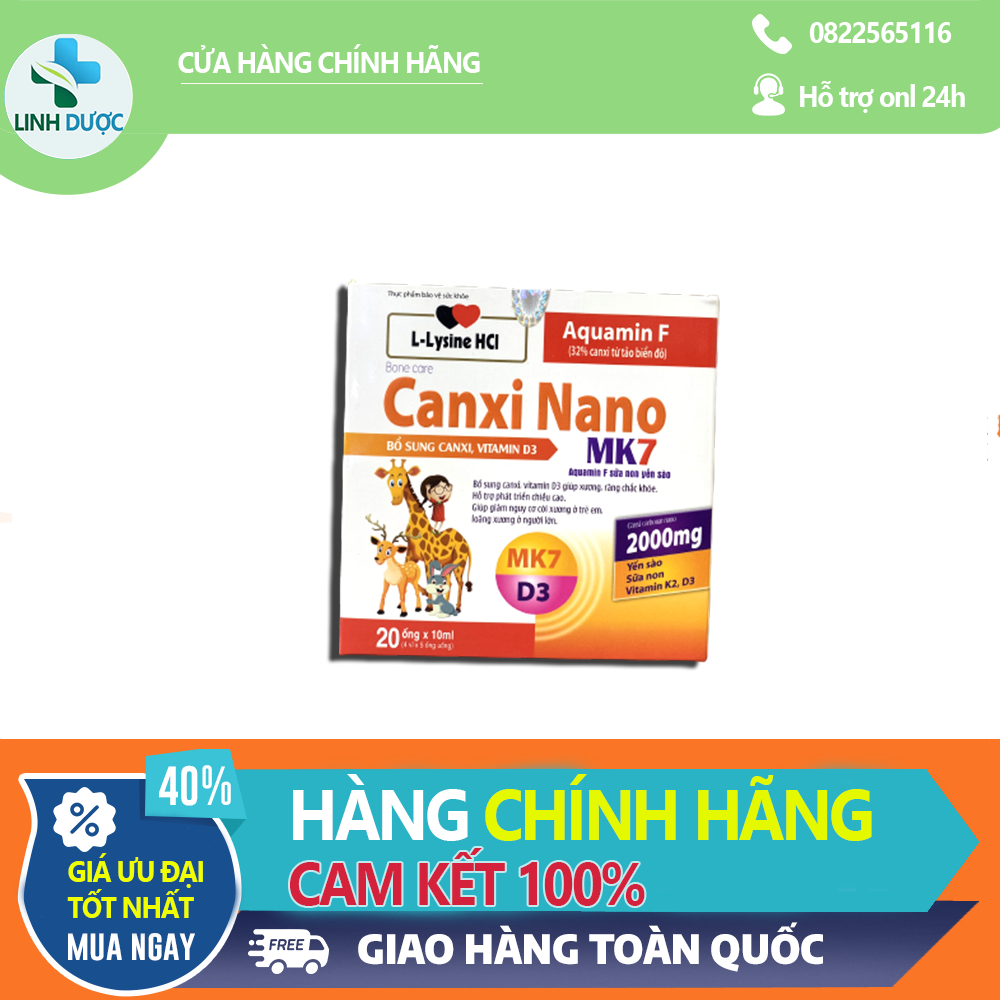 Canxi nano K2 D3 MK7 aquamin F tảo biển đỏ - Bổ sung canxi cho bé vitamin D3 giúp xương răng chắc khỏe Hộp 20 ống